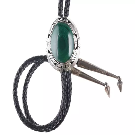 Vintage Sandy Sangster "Two Feathers" Navajo Sterling and malachite bolo tie