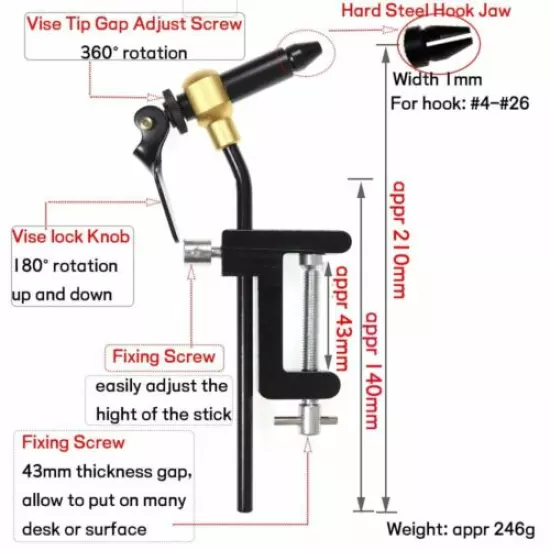 Rotary Fly Tying Vise Tools Brass C-clamp Rotating Hook Tool Steel Whip Finisher