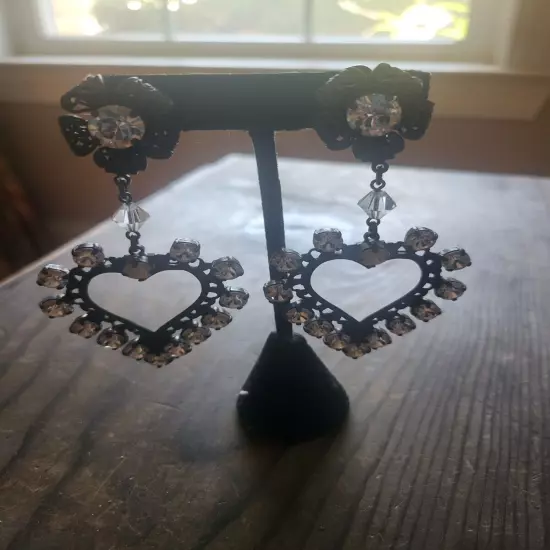 Vintage Konplott By Miranda KO Earrings Dangle Hearts Antique Bronze Rhinestones