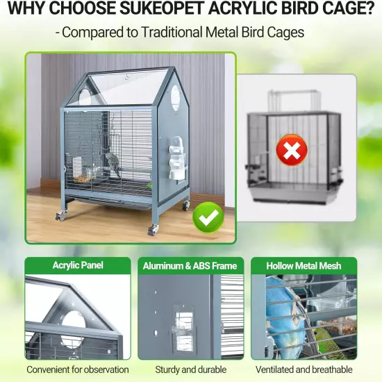 Acrylic Bird Cage, 25 Inch Medium Parrot Cage for Parakeet Cockatiel Conure L...