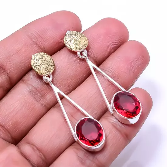 Red Garnet 925 Sterling Silver Two Tone Earring 1.95" E_9287_191_2