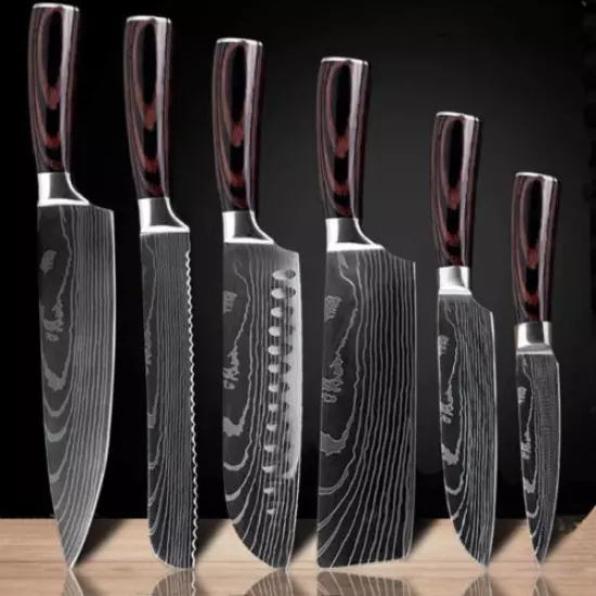 Wood 6pcs Japanese Kitchen Damascus Pattern Chef Knives Set&Scabbard USASTOCK