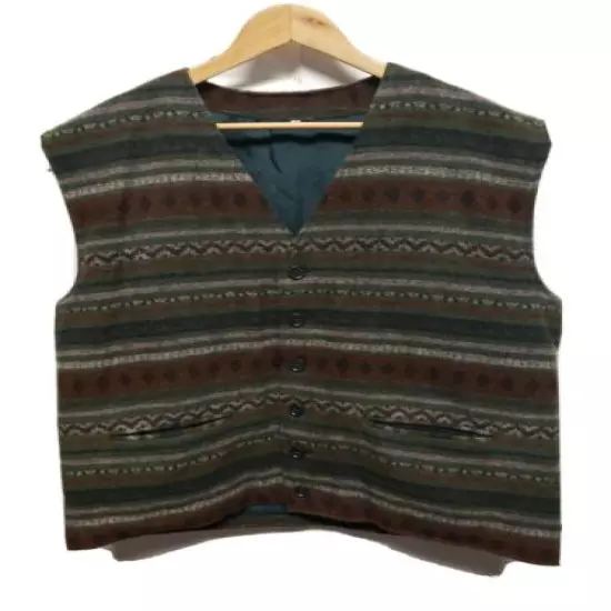 Vintage Rafio Mens Wool Vest Size 46 Brown Green Black Stripe Button Down 