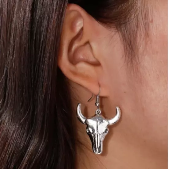 New Cowboy Boho Steer Longhorn Bull Silver-tone Pierced Earrings 2” Long Drop 