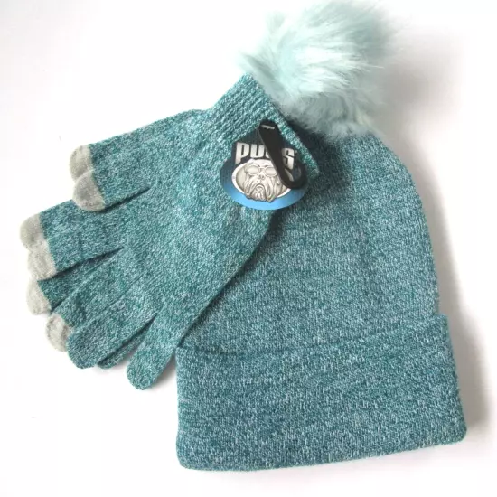 Pugs Knit Hat Glove Set Cuffed Beanie Pom TEAL One Size NWT