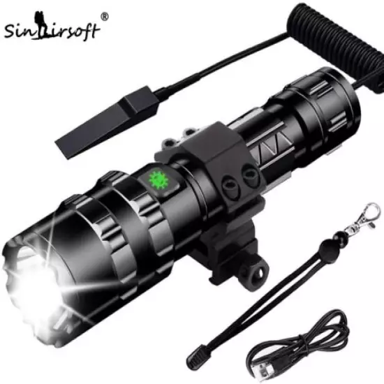 Tactical Flashlight Super Bright LED Torch USB 5 Light Mode Picatinny Rail Mount