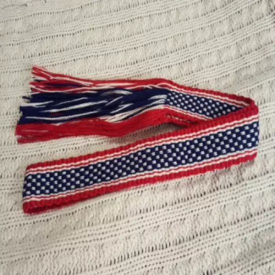 Item20192436 Powder horn strap belt red, white, blue cotton 39" long x 1 5/8"