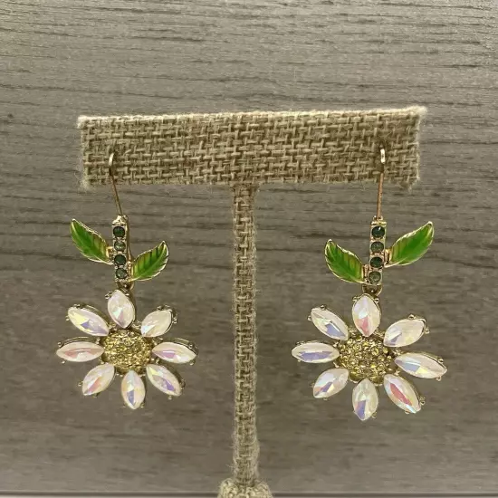 Betsey Johnson Daisy Flower with Green Leaves & Clear Crystal Earrings