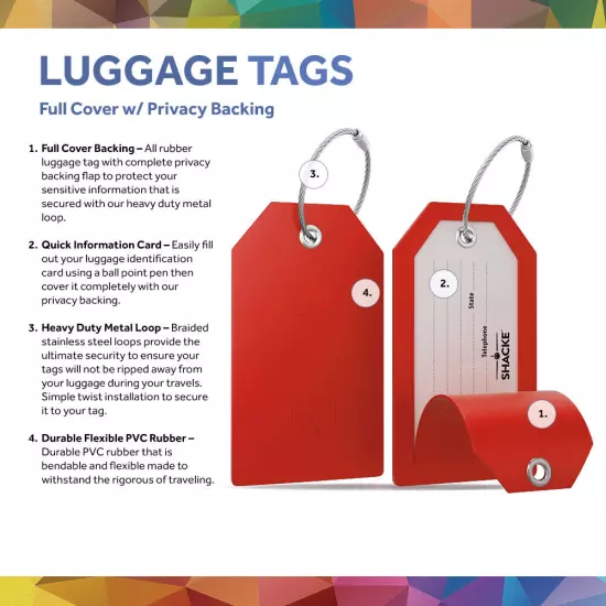 Shacke Luggage Tags with Full Back Privacy Cover w/Steel Loops - Set of 2