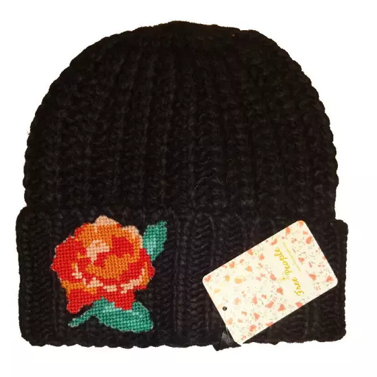 Free People Everything Rosy Wool Blend Beanie Black Feminine Floral Ribbed NWT