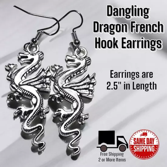 Silver Plated Dangle Flying Dragon French Hook Posts Earrings 