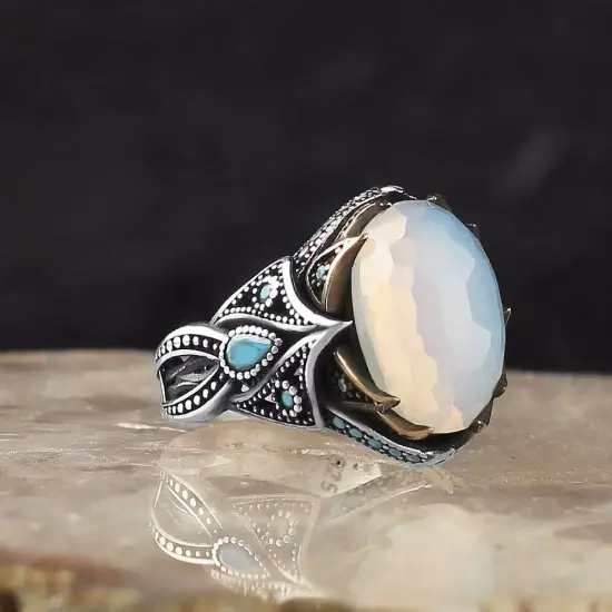 Moon Stone 925 Sterling Silver Men's Ring Turkish Handmade Silver Men's Jewelry