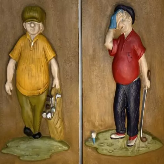 Vintage Lot Of 2 Chalkware Golfers Wall Hanging 3D Sculpture Golf Man Cave Decor