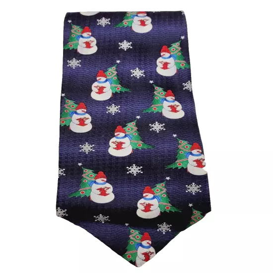 Snowman with Gift Christmas Winter Holiday Wavy Print Blue Vintage Silk Necktie