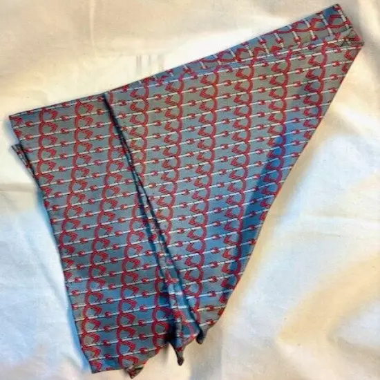 Silk Silver Grey Pocket Square 14 ¼” Hankie with Printed Red Stirrups & Buckles