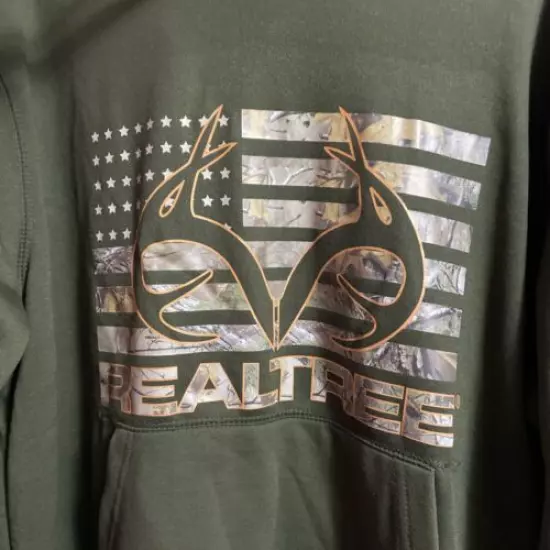 Realtree Men’s Hoodie• Poly Pullover Fleece • Army Green• USA Flag • Size Large