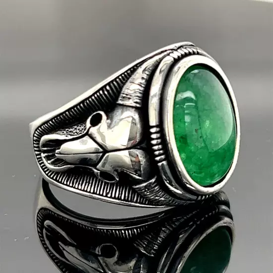 Man Green Jade Stone Ring , Silver Bull Head Ring , Handmade Silver Animal Ring