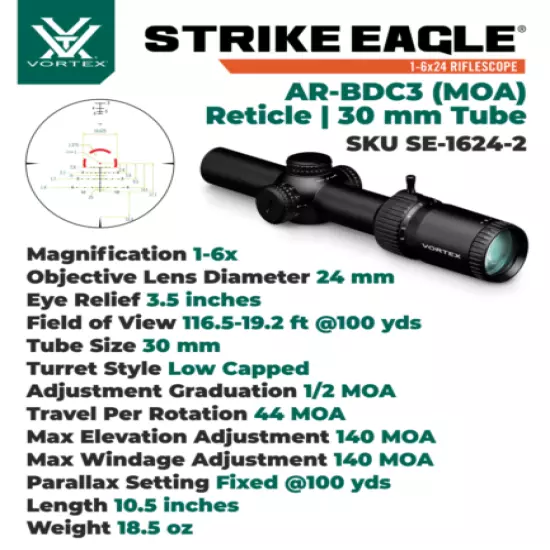 Vortex Optics Strike Eagle 1-6x24 BDC3 Riflescope w/ 30mm High Rings +Free Hat