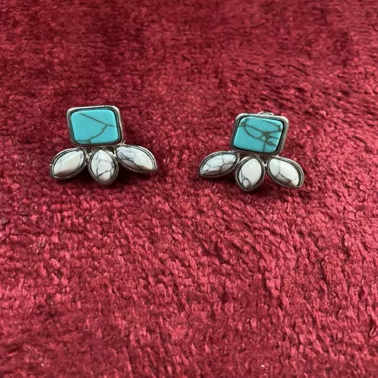 Turquoise Blue & White Stone Post Earrings Costume Jewelry 