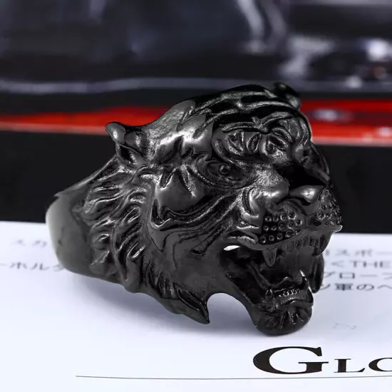 Gothic Black Tiger Head Ring Stainless Steel Men's Animal Tiger Biker Ring Punk