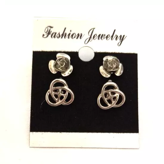 New Fashion Jewelry Women's 2 Pair Stud Earrings Silvertone Roses & Celtic Knots