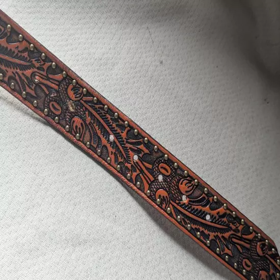 vintage style TOOLED leather belt STUDDED brown 42 cowboy WESTERN acorn RODEO