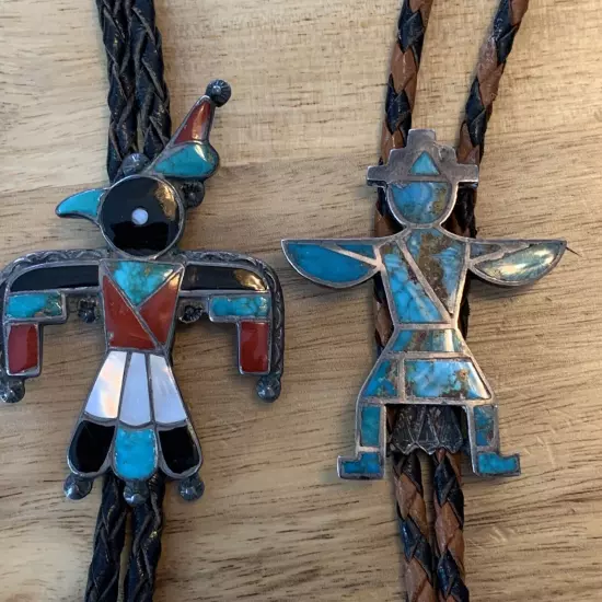 Pair Lot 2 Zuni Native American Turquoise Coral Thunderbird Knifewing Bolo Ties