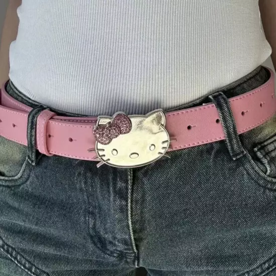 105cm Hello Kitty Belt Pink Rhinestone Sanrio Girly Cartoon Pu Leather Belt