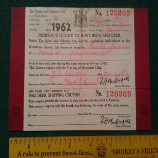 1962 Ontario Bear Hunting License + Deer Lands & Forests Game Fisheries L&F MNR