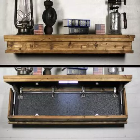 Rustic Floating Shelf with Hidden Compartment. 47 Inch Gun Concealment Furniture