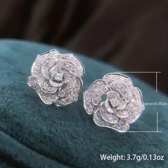 Silver Rose Flower Stud Earrings 925 Silver Plated Women Fashion Jewelry