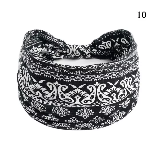 Women Boho Flower Print Wide Headband Vintage Knot Elastic Turban Headwrap *