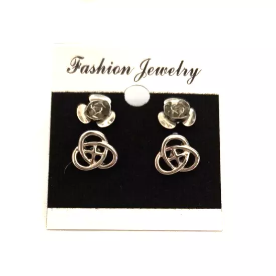 New Fashion Jewelry Women's 2 Pair Stud Earrings Silvertone Roses & Celtic Knots