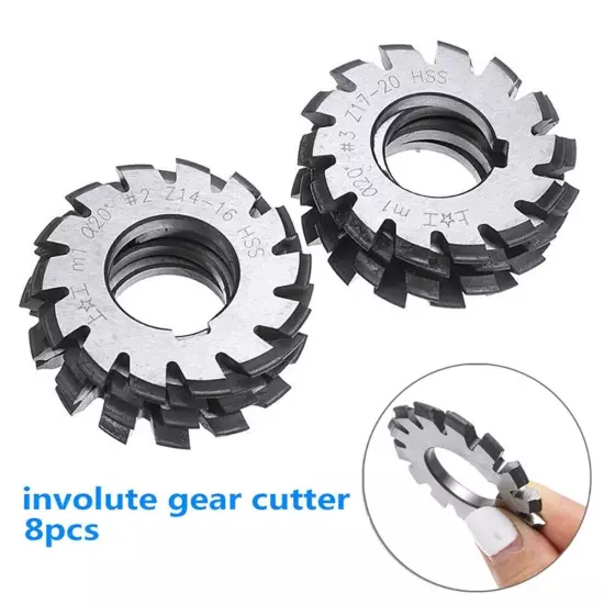 8pcs HSS M1-Diameter 22mm PA20° 20 Degree #1-8 Involute Gear Cutters-Set New