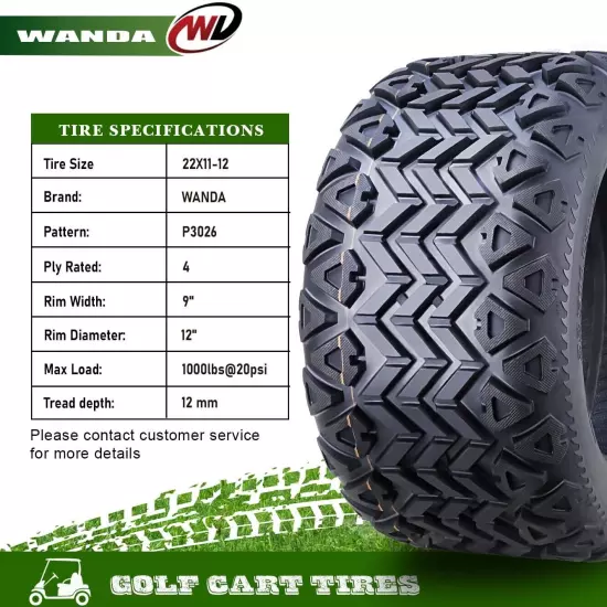 WANDA 22X11-12 Golf Cart ATV Tires 4 Ply 22x11x12 14033