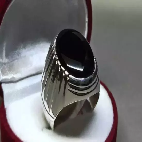 Mens Yemeni Black Aqeeq Ring - Natural Big Black Agate in Sterling Silver 925