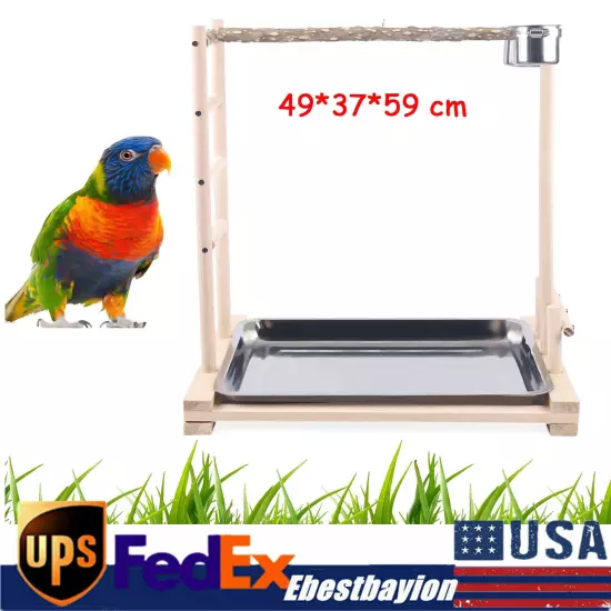 49*37*59cm Wood Bird Tree Stand Large Parrot Perch Playstand w/Steel Tray 2*Bowl