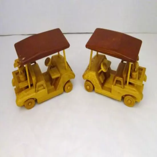 Set Of Two HANDCRAFTED Wooden Golf Carts w/ Golf Clubs "NANA" & "R & A BROWNS"