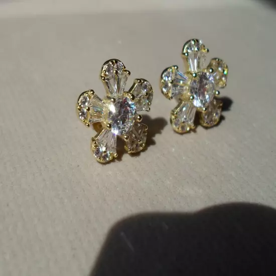 QVC Diamonique cz Sterling/14K Yellow Gold clad 1/2" Baguette Flower Earrings