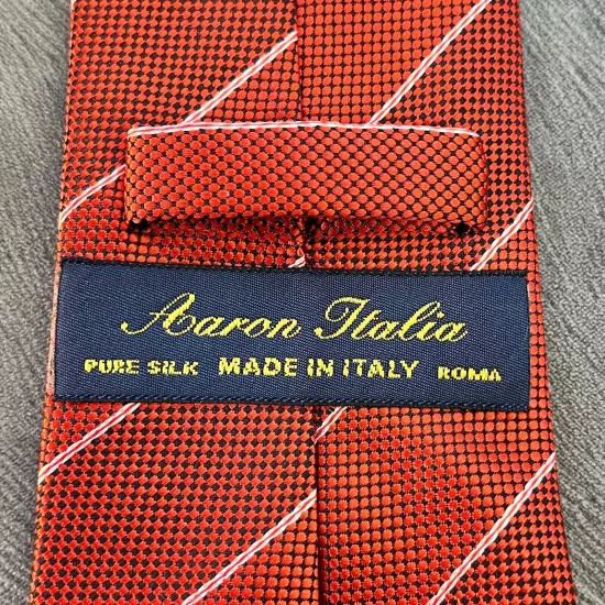 Aaron Italia Men's Tie 100% Silk 3 1/8" x 60" Red Black White Stripe Italy