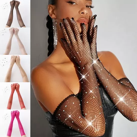 Fishnet Long Gloves Women Rhinestones Gloves Mesh Wrist Arm Gloves Dance Gloves