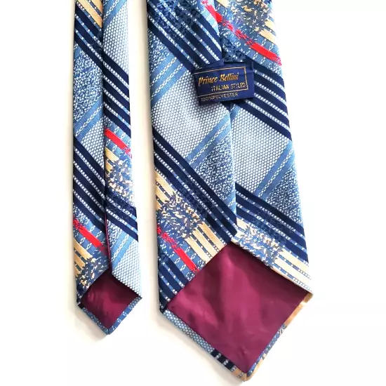 Prince Bellini Italian styled tie plaid blue yellow red polyester 58 x 4.25