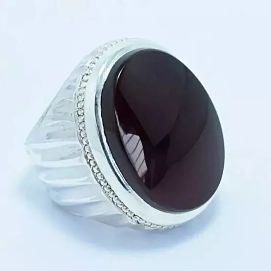 Mens Yemeni Aqeeq Ring - Big Kabadi Black Aqeeq Stone Ring