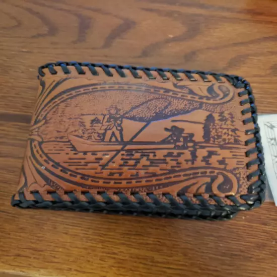 Vintage Hand Tooled Brown Leather Wallet Billfold Fishing Theme Never Used