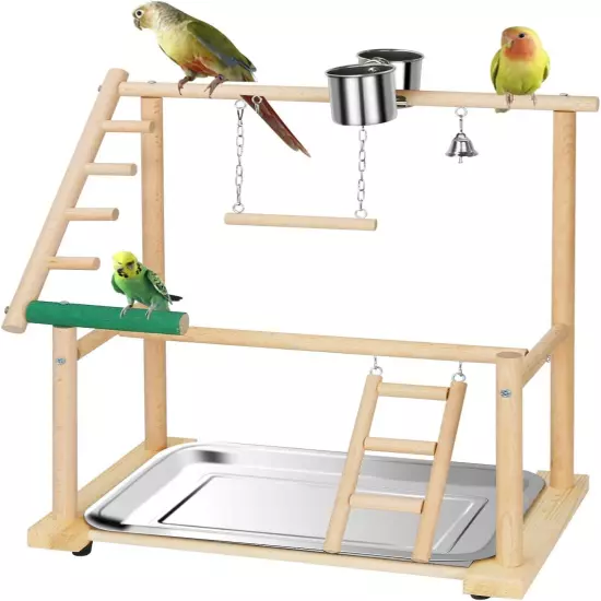 4-Layer Wooden Parrot Playstand with Feeder Cups & Bells - Bird Playground Gym