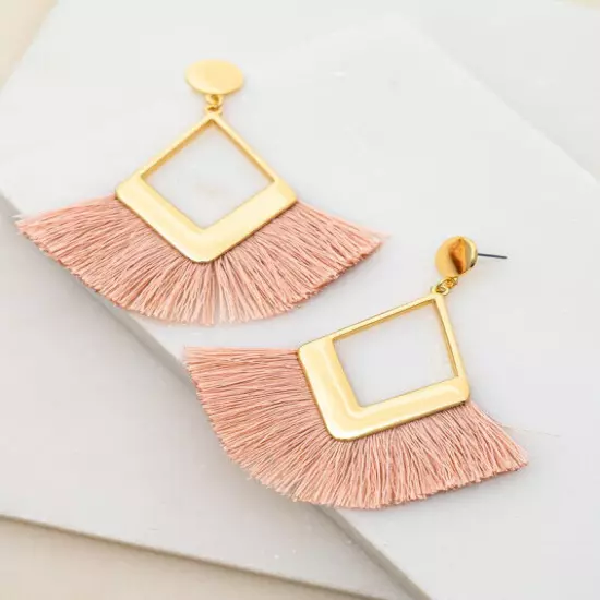 diamond metal with fan shape tassel earrings