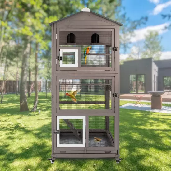 68.8"L Wooden Bird Cage Outdoor Bird Aviary Indoor Large Parakeet Cage on Wheels