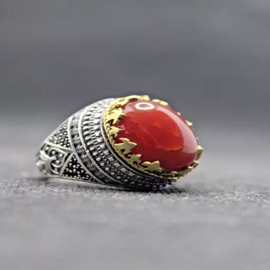 Red Agate Stone Claw Model 925 Sterling Silver Men's Ring Natural Stone Men's