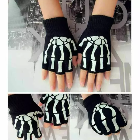 Gothic Knitted Black with White Skeleton Bones Fingerless Gloves... Punk U5U6