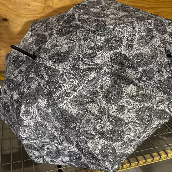 Totes Auto Open J-Handle Stick ECO Umbrella Gray Paisley